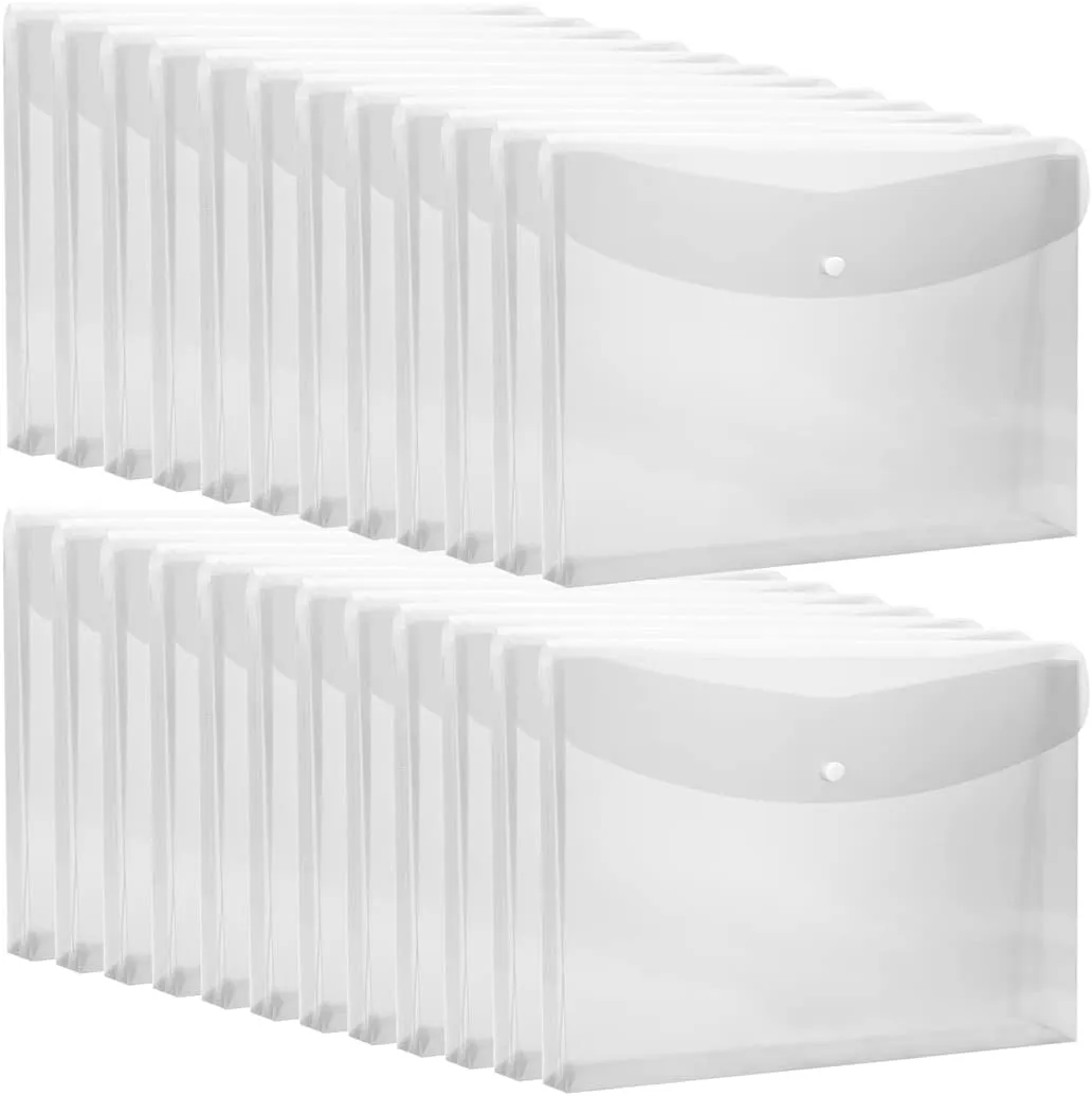 24pcs Legal Size Clear Poly Floders, Plastic Envelopes with Snap Closure, Document Envelopes for School and Office Supplies, Expandable Waterproof Reusable