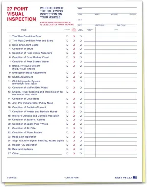 27 Point Inspection - 2 Part Carbonless Vehicle Inspection Form for Customer Satisfaction and Additional Repairs - 8-1/2""×11"" Edge Glued - White, Canary (Pack of 300)