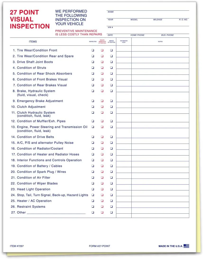 27 Point Inspection - 2 Part Carbonless Vehicle Inspection Form for Customer Satisfaction and Additional Repairs - 8-1/2""×11"" Edge Glued - White, Canary (Pack of 300)