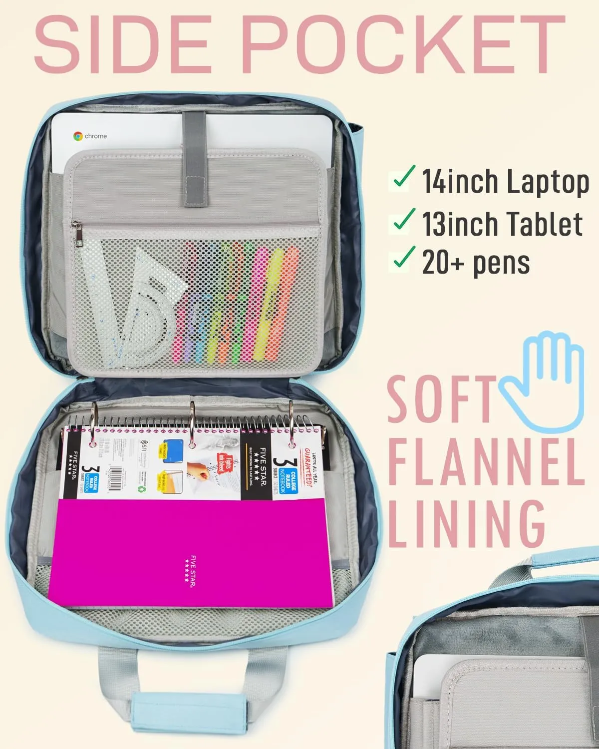 3 Ring Zipper Binder Bag with Handle and Shoulder Strap, 2-Inch O-Ring, Large Laptop Pocket, 5-Tab Expanding File Folder, School Supply Kit (Minor Blue)