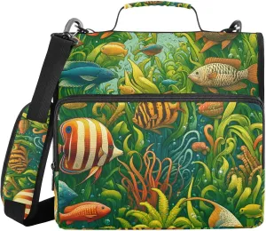 3 Ring Zipper Binder with Shoulder Strap Fish Green Algae Binder Bag Expanding File Folder Storage Multiple Pockets