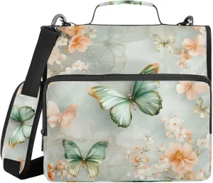 3 Ring Zipper Binder with Shoulder Strap Green Butterfly Flesh-Colored Flower Binder Bag Expanding File Folder Storage Multiple Pockets