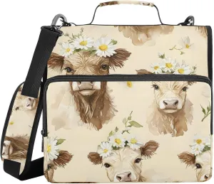 3 Ring Zipper Binder with Shoulder Strap Highland Cattle Garland Binder Bag Expanding File Folder Storage Multiple Pockets