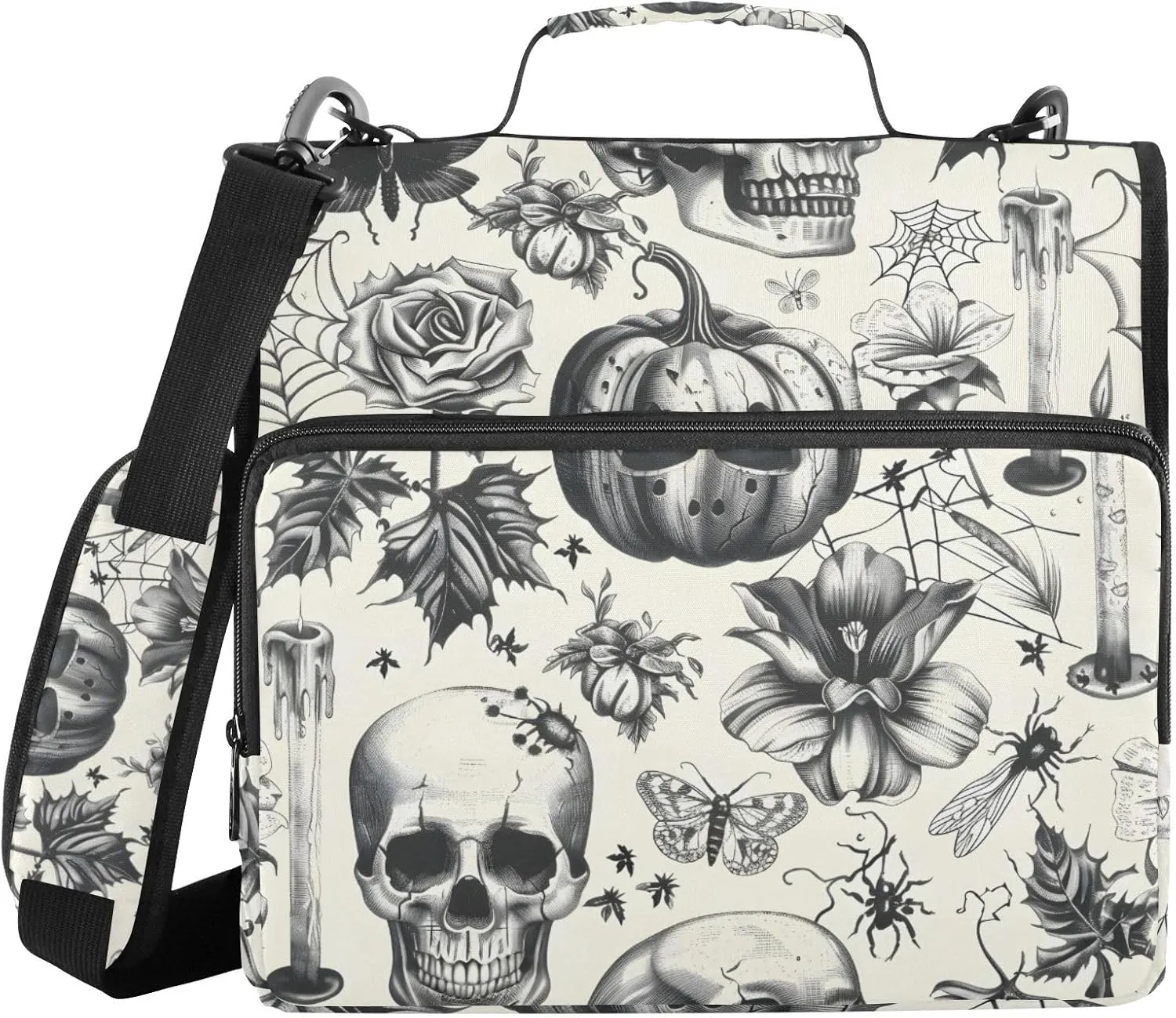 3 Ring Zipper Binder with Shoulder Strap Skull Carved Pumpkin Binder Bag Expanding File Folder Storage Multiple Pockets
