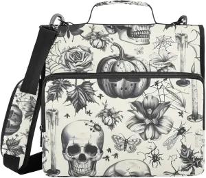 3 Ring Zipper Binder with Shoulder Strap Skull Carved Pumpkin Binder Bag Expanding File Folder Storage Multiple Pockets