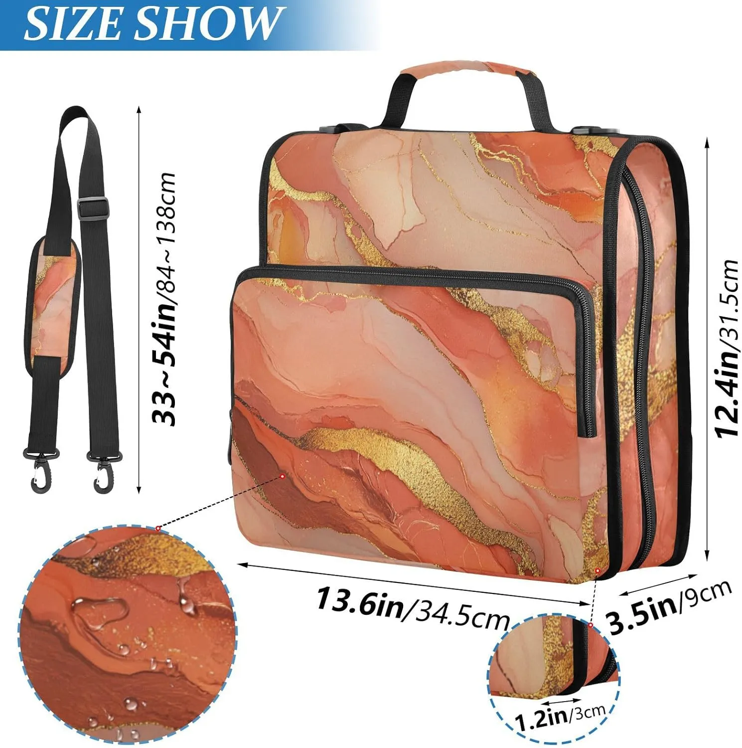 3 Rings Zipper Binder with Handle and Removable Shoulder Strap Multiple Pockets Document Organizer Bag Suitable for Middle School Marble Terracotta Blush