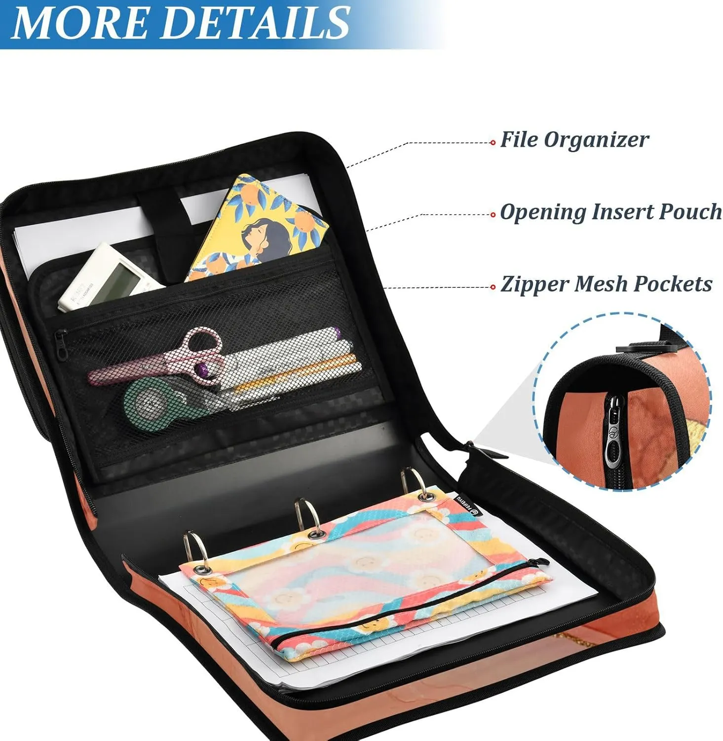 3 Rings Zipper Binder with Handle and Removable Shoulder Strap Multiple Pockets Document Organizer Bag Suitable for Middle School Marble Terracotta Blush