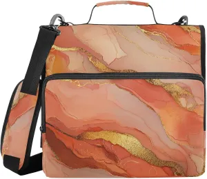 3 Rings Zipper Binder with Handle and Removable Shoulder Strap Multiple Pockets Document Organizer Bag Suitable for Middle School Marble Terracotta Blush
