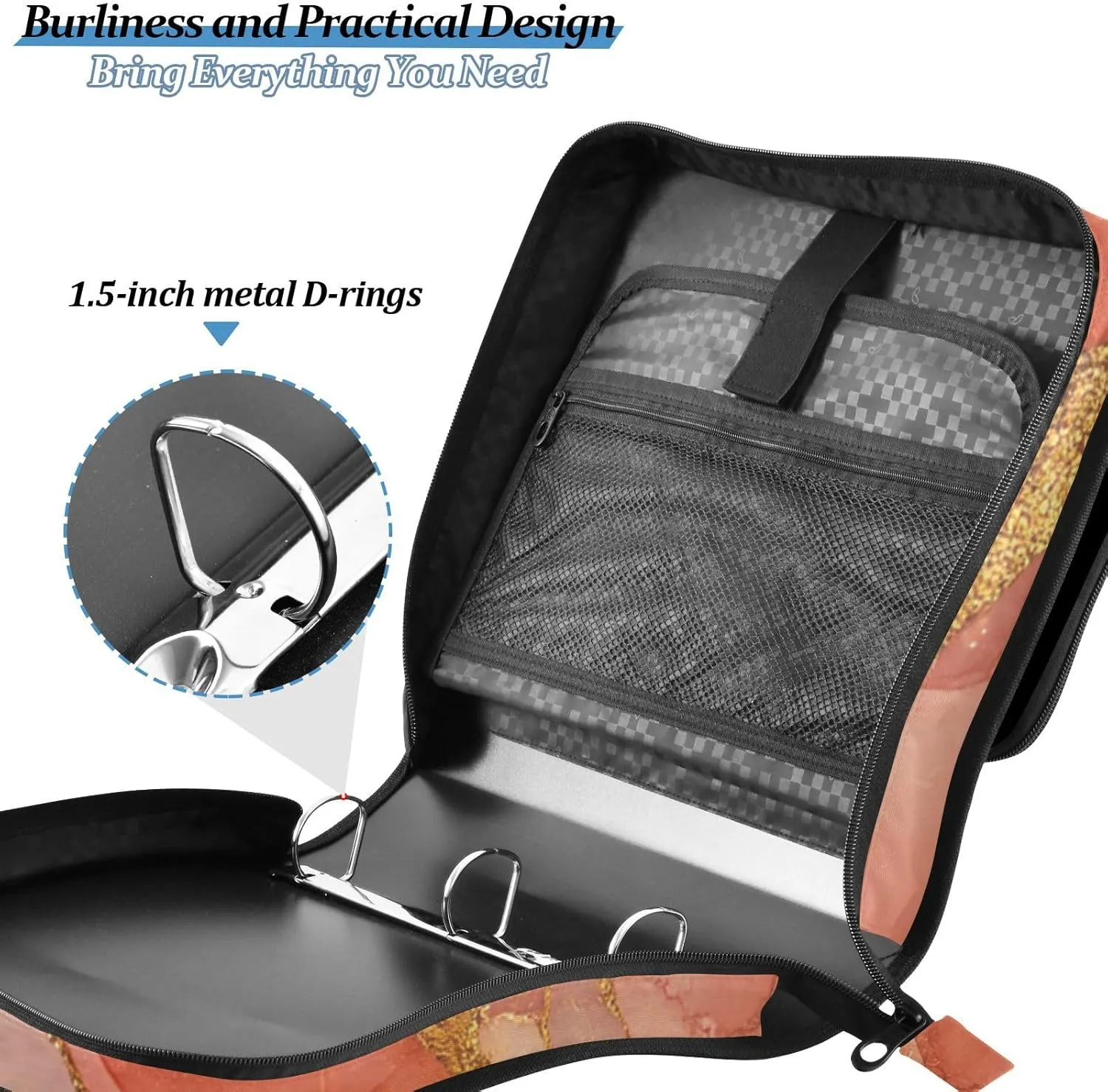3 Rings Zipper Binder with Handle and Removable Shoulder Strap Multiple Pockets Document Organizer Bag Suitable for Middle School Marble Terracotta Blush
