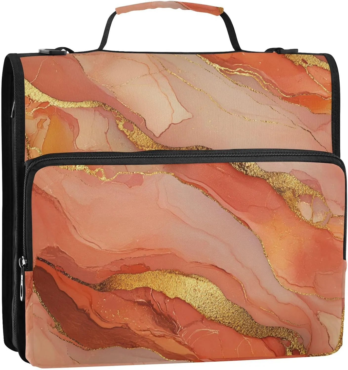 3 Rings Zipper Binder with Handle and Removable Shoulder Strap Multiple Pockets Document Organizer Bag Suitable for Middle School Marble Terracotta Blush