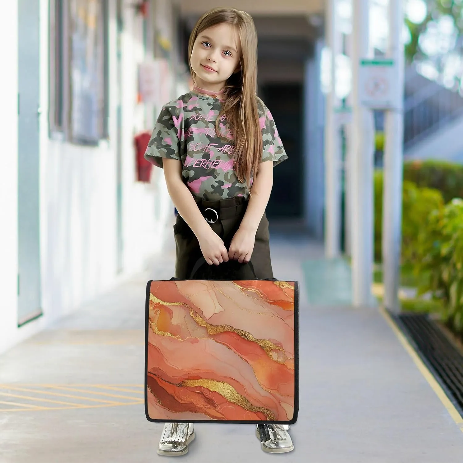 3 Rings Zipper Binder with Handle and Removable Shoulder Strap Multiple Pockets Document Organizer Bag Suitable for Middle School Marble Terracotta Blush