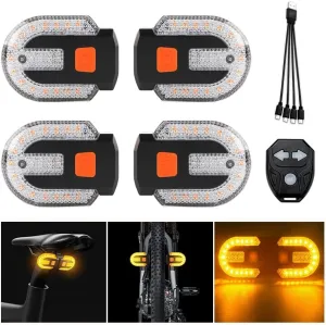 4Pcs Turn Signals for Bicycles with Alarm, USB Charging Remote Control Split/Integrated Bike Tail Light 5 Modes Waterproof Strobe Bike Rear Lights Can be Mounted on Front and Rear of Bicycle