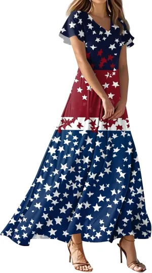 4th of July Dress Women Short Sleeve A-Line American Flag Dresses V Neck Holiday Plus Size USA Independence Day Sundress