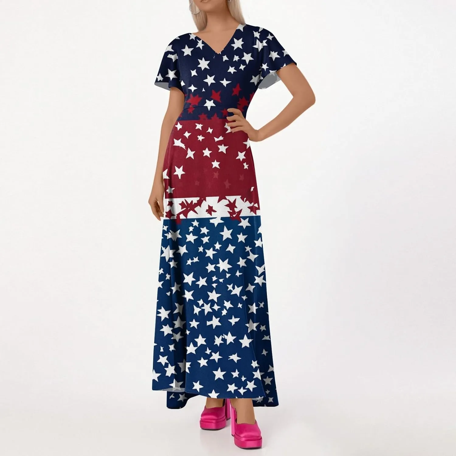 4th of July Dress Women Short Sleeve A-Line American Flag Dresses V Neck Holiday Plus Size USA Independence Day Sundress