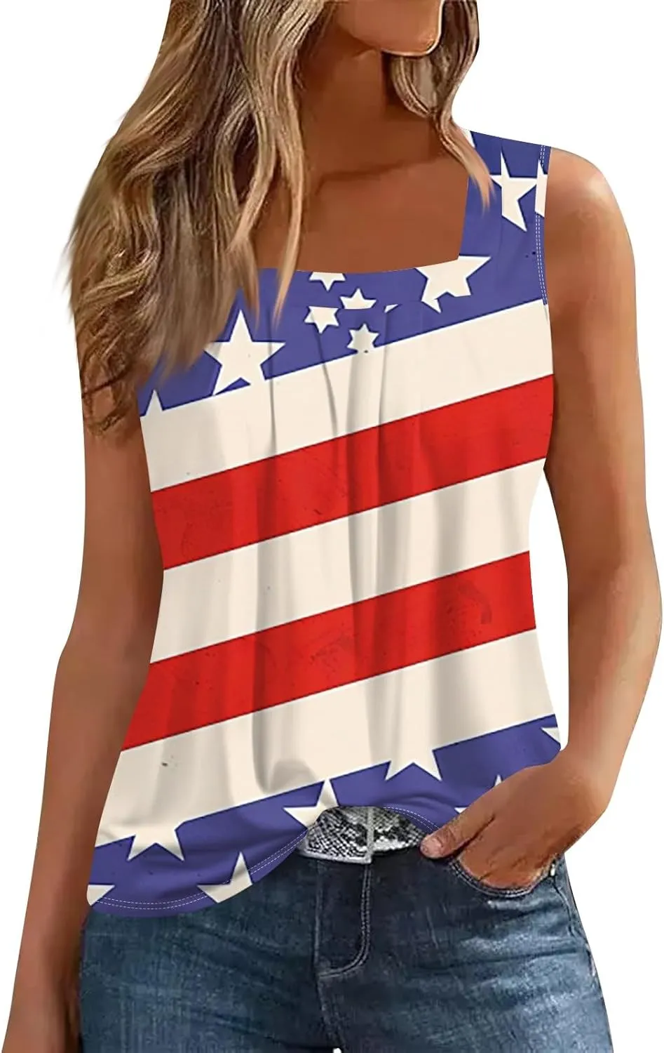 4Th of July Shirts Women Independence Day Square Neck Tank Top Sleeveless USA Flag Tees Red White and Blue Outfits