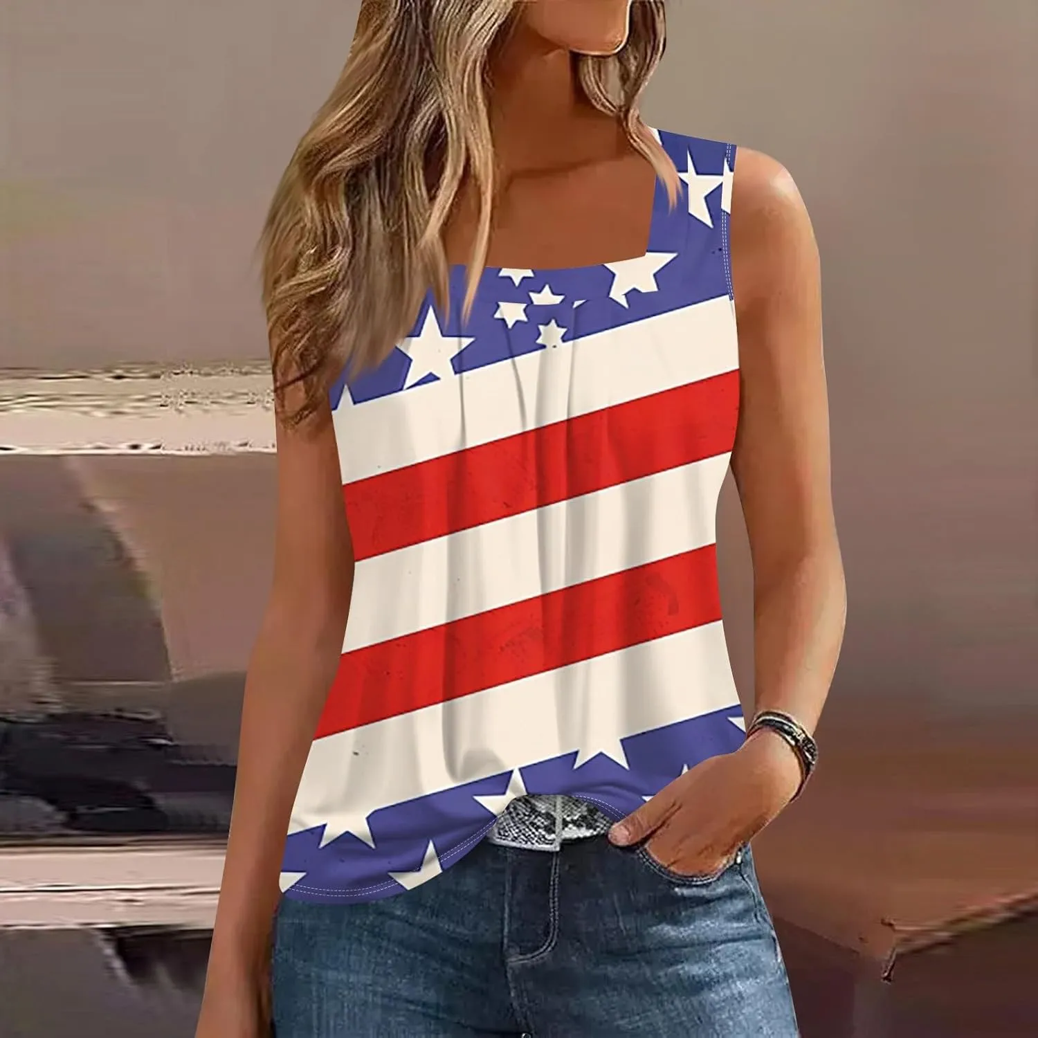 4Th of July Shirts Women Independence Day Square Neck Tank Top Sleeveless USA Flag Tees Red White and Blue Outfits