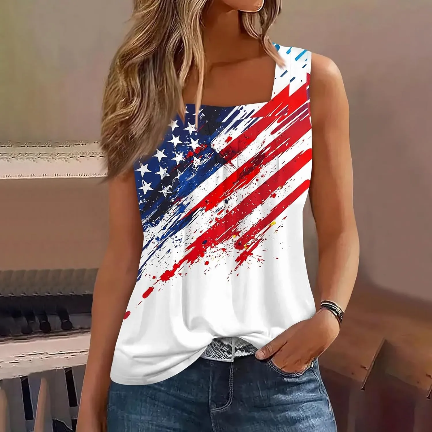 4Th of July Shirts Women Independence Day Square Neck Tank Top Sleeveless USA Flag Tees Red White and Blue Outfits