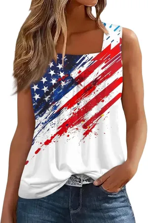 4Th of July Shirts Women Independence Day Square Neck Tank Top Sleeveless USA Flag Tees Red White and Blue Outfits