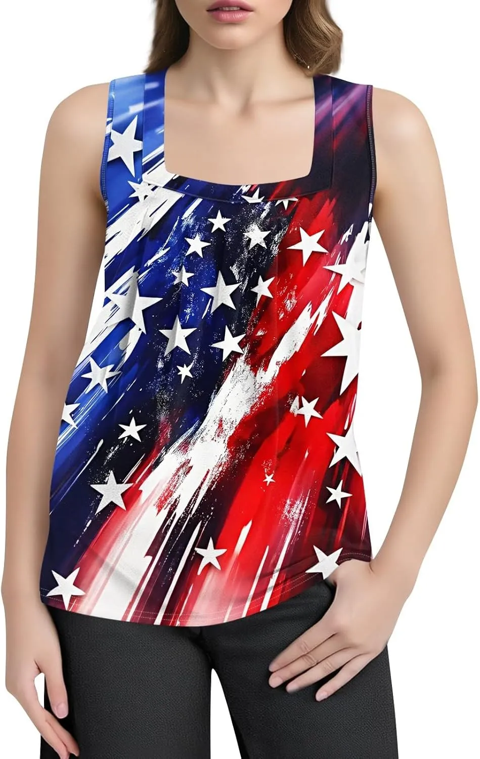 4Th of July Shirts Women Independence Day Square Neck Tank Top Sleeveless USA Flag Tees Red White and Blue Outfits