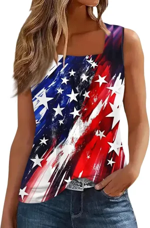 4Th of July Shirts Women Independence Day Square Neck Tank Top Sleeveless USA Flag Tees Red White and Blue Outfits