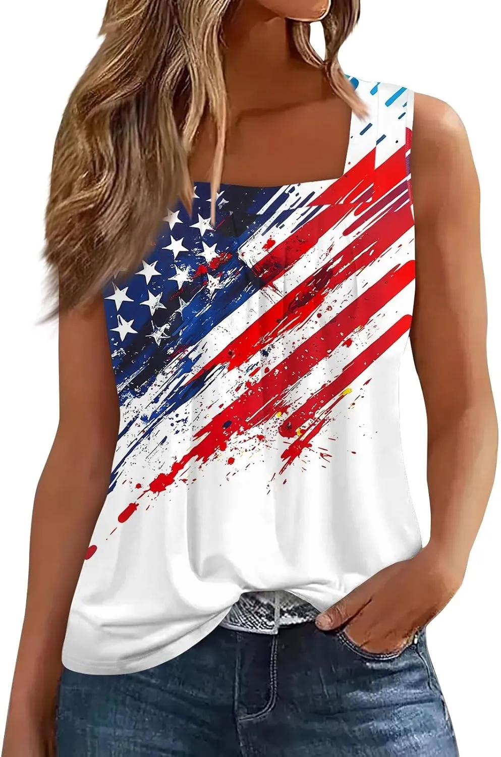 4Th of July Shirts Women Independence Day Square Neck Tank Top Sleeveless USA Flag Tees Red White and Blue Outfits