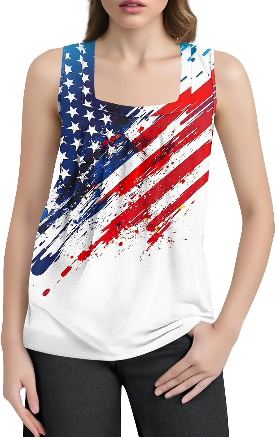 4Th of July Shirts Women Independence Day Square Neck Tank Top Sleeveless USA Flag Tees Red White and Blue Outfits