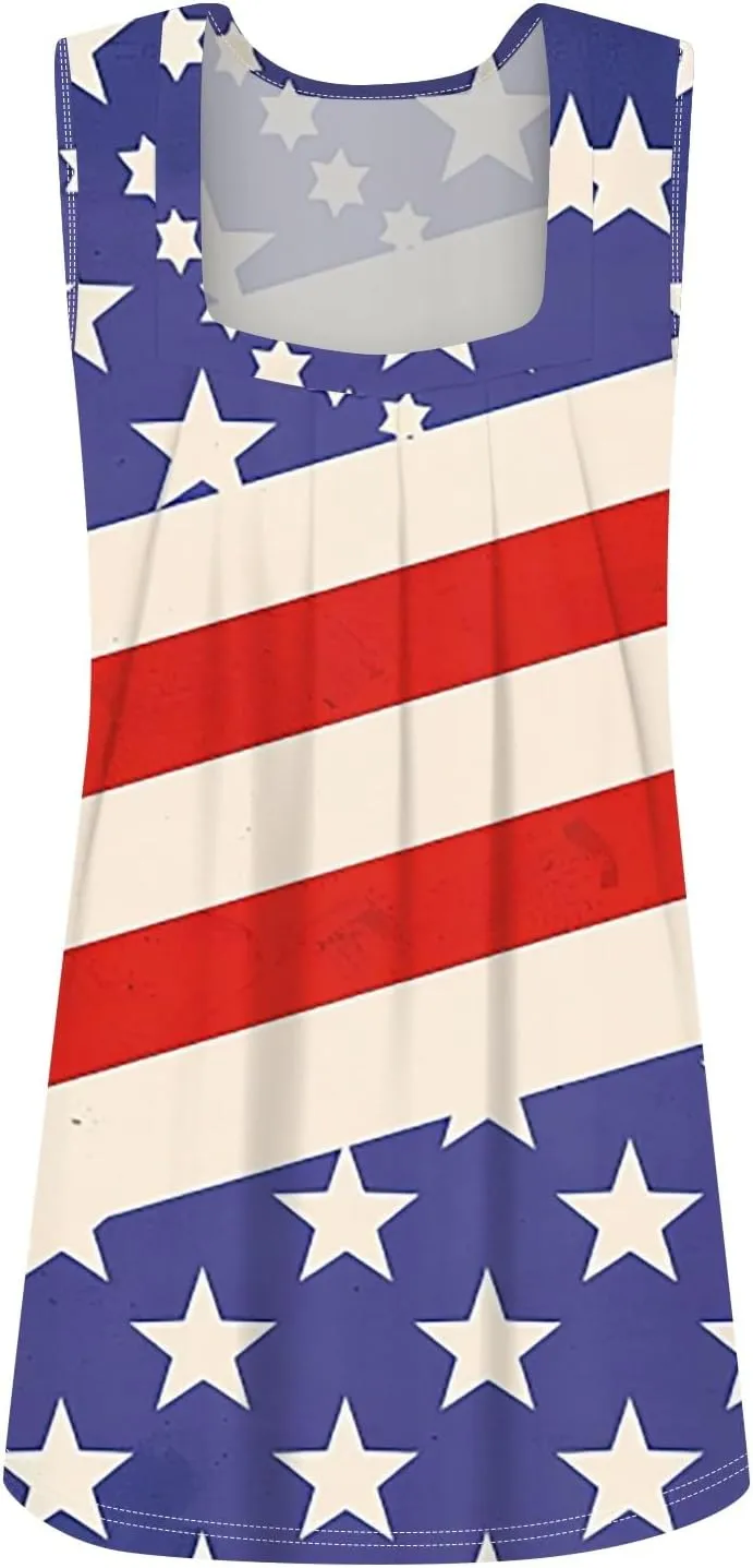 4Th of July Shirts Women Independence Day Square Neck Tank Top Sleeveless USA Flag Tees Red White and Blue Outfits