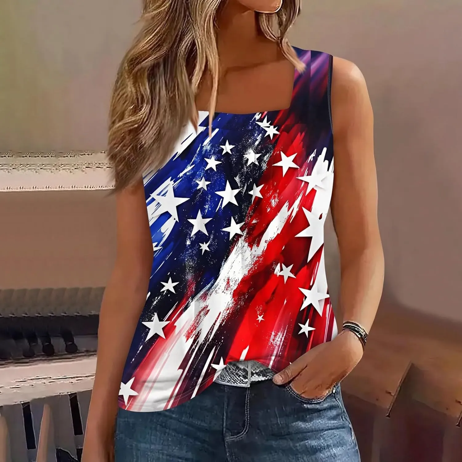 4Th of July Shirts Women Independence Day Square Neck Tank Top Sleeveless USA Flag Tees Red White and Blue Outfits