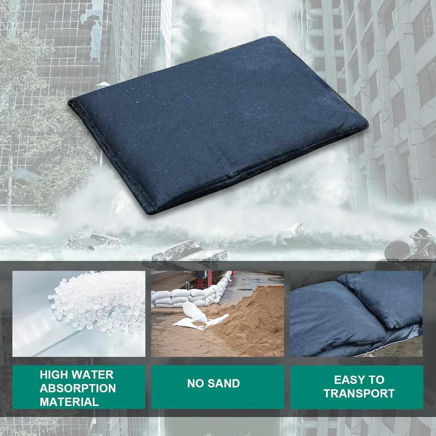 5 Pack Sandless Sand Bags Garage Water Barrier Flood Barrier Sandbags for Flooding Water Absorbent Mat Flood Prevention Barriers Reusable Sand Bags (Dark Green)