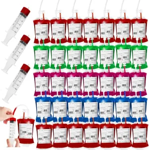 50 Packs Halloween Blood IV Bags for Drinks, Halloween Drinks Pouches Reusable Juice Container for Zombie Theme Carnival Vampire Party Decorations Supplies, 12.6 fl.oz (50pcs Bag, 50 Label,3 Syringes)