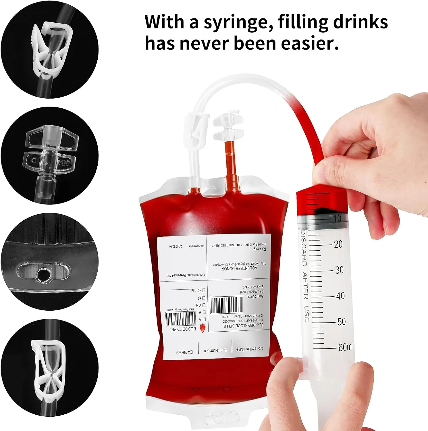 50 Packs Halloween Blood IV Bags for Drinks, Halloween Drinks Pouches Reusable Juice Container for Zombie Theme Carnival Vampire Party Decorations Supplies, 12.6 fl.oz (50pcs Bag, 50 Label,3 Syringes)