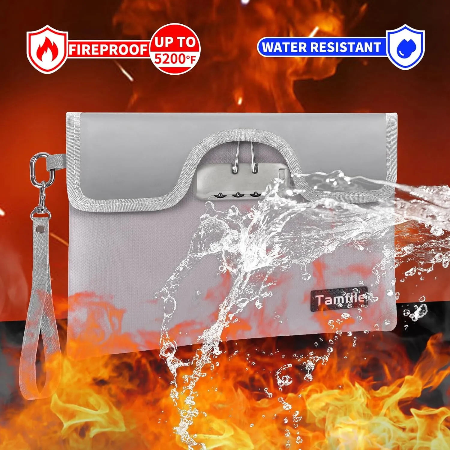 5200°F Fireproof Money Bag with Lock, Water Fireproof Document Bag with Zipper, 8 Layers Fire Insulation, Small Fireproof Safe Storage Pouch with Lock for Cash, Passport, (8.3" x 11", Silver)