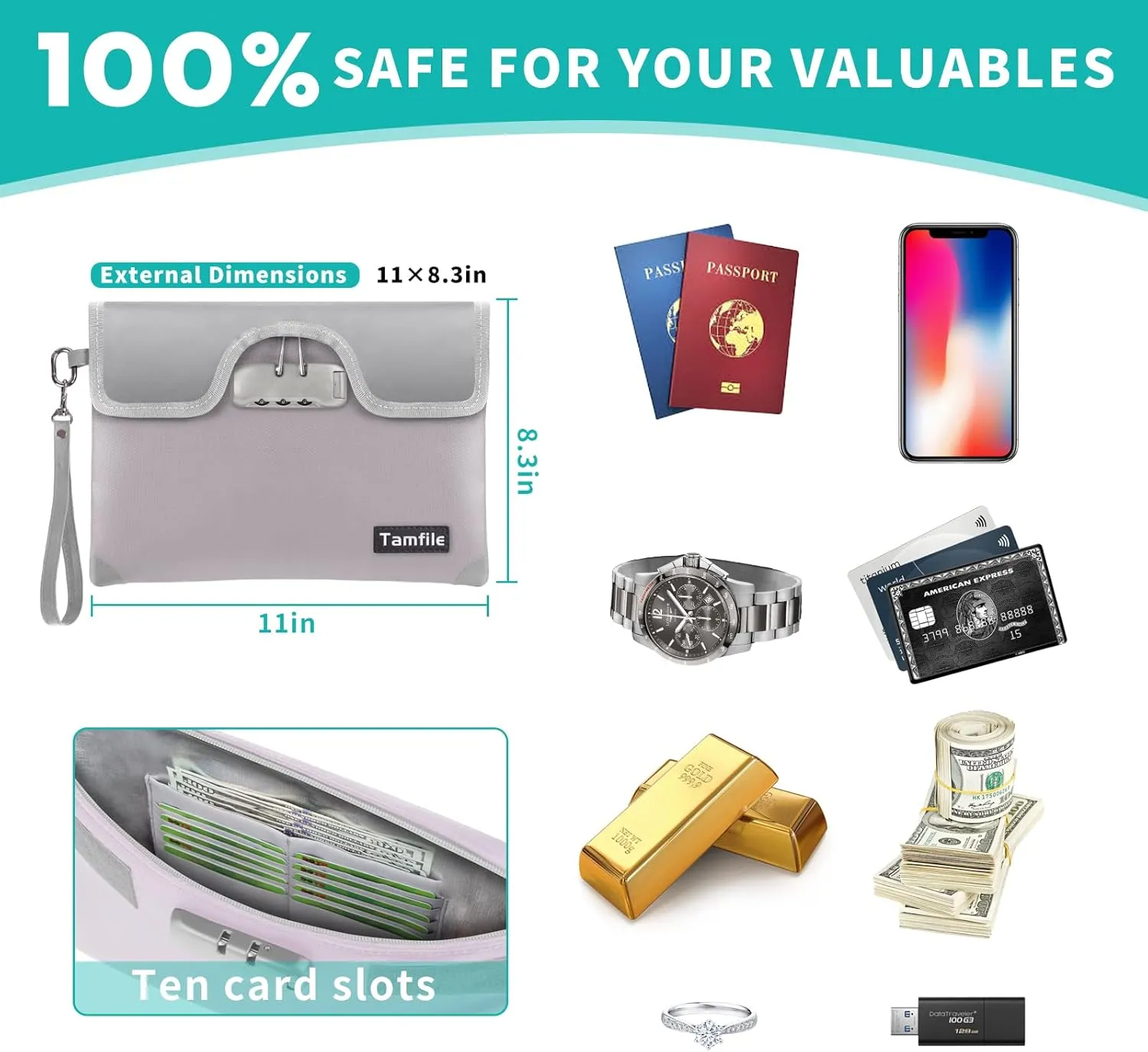 5200°F Fireproof Money Bag with Lock, Water Fireproof Document Bag with Zipper, 8 Layers Fire Insulation, Small Fireproof Safe Storage Pouch with Lock for Cash, Passport, (8.3" x 11", Silver)