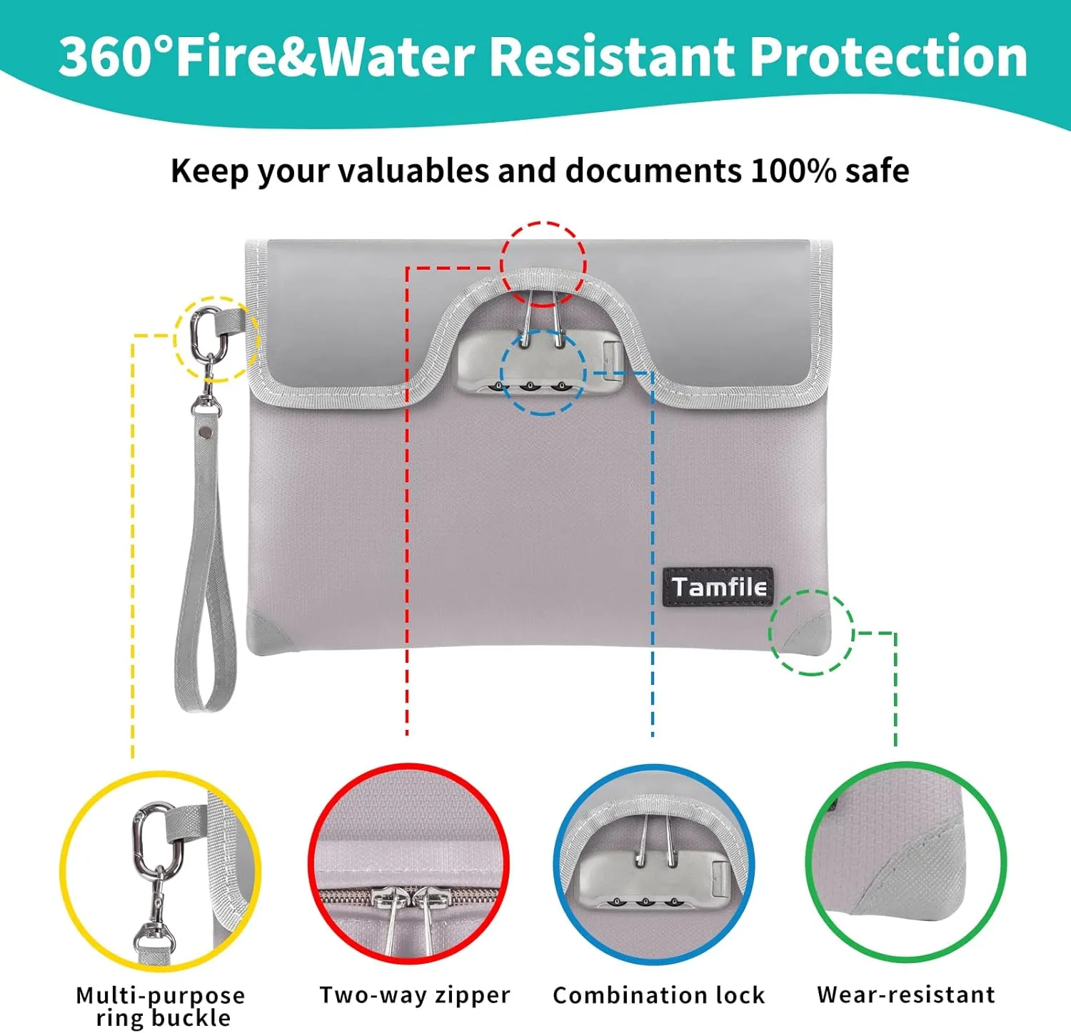 5200°F Fireproof Money Bag with Lock, Water Fireproof Document Bag with Zipper, 8 Layers Fire Insulation, Small Fireproof Safe Storage Pouch with Lock for Cash, Passport, (8.3" x 11", Silver)