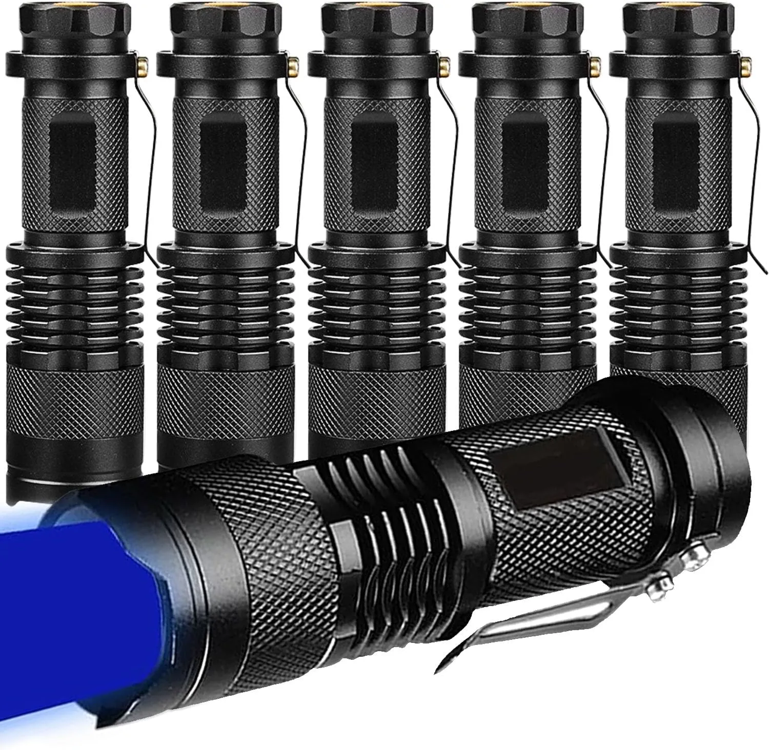 6 Pack Mini Blue LED Flashlight - Zoomable, Single Mode Blue Light Torch for Night Fishing and Outdoor Activities