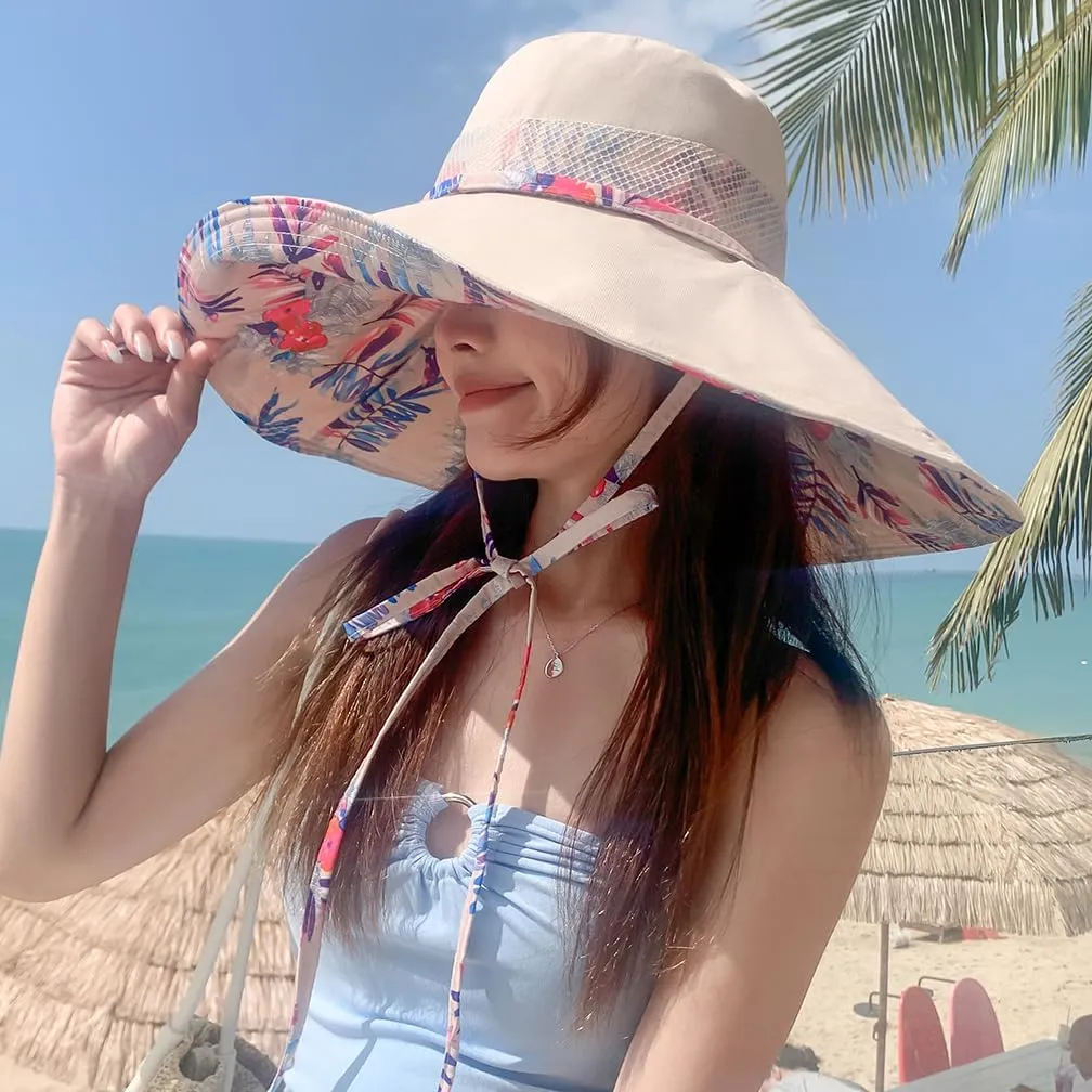 6" Extra Wide Brim Sun Hats UPF 50  UV Protection Packable Beach Hat Strap Women