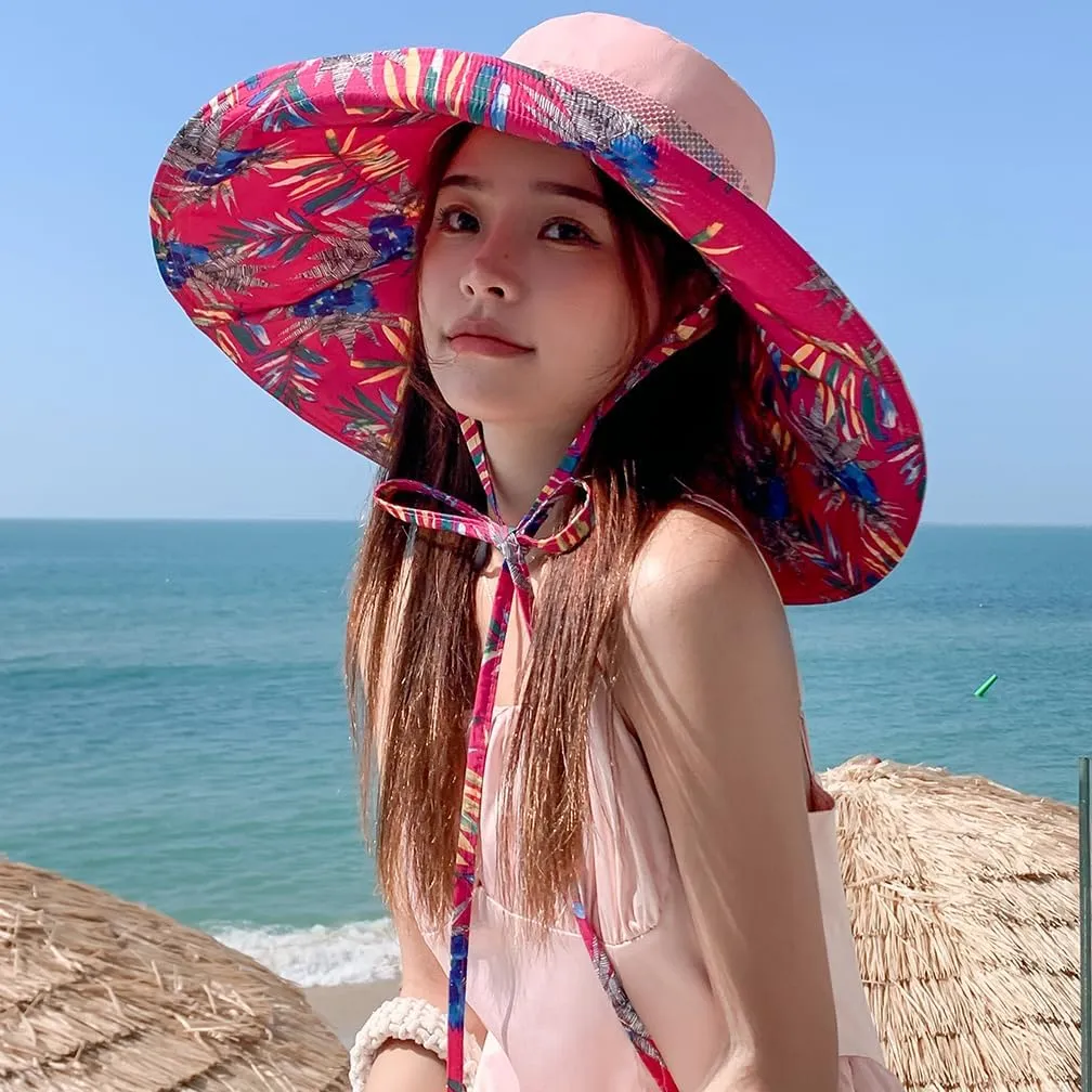 6" Extra Wide Brim Sun Hats UPF 50  UV Protection Packable Beach Hat Strap Women
