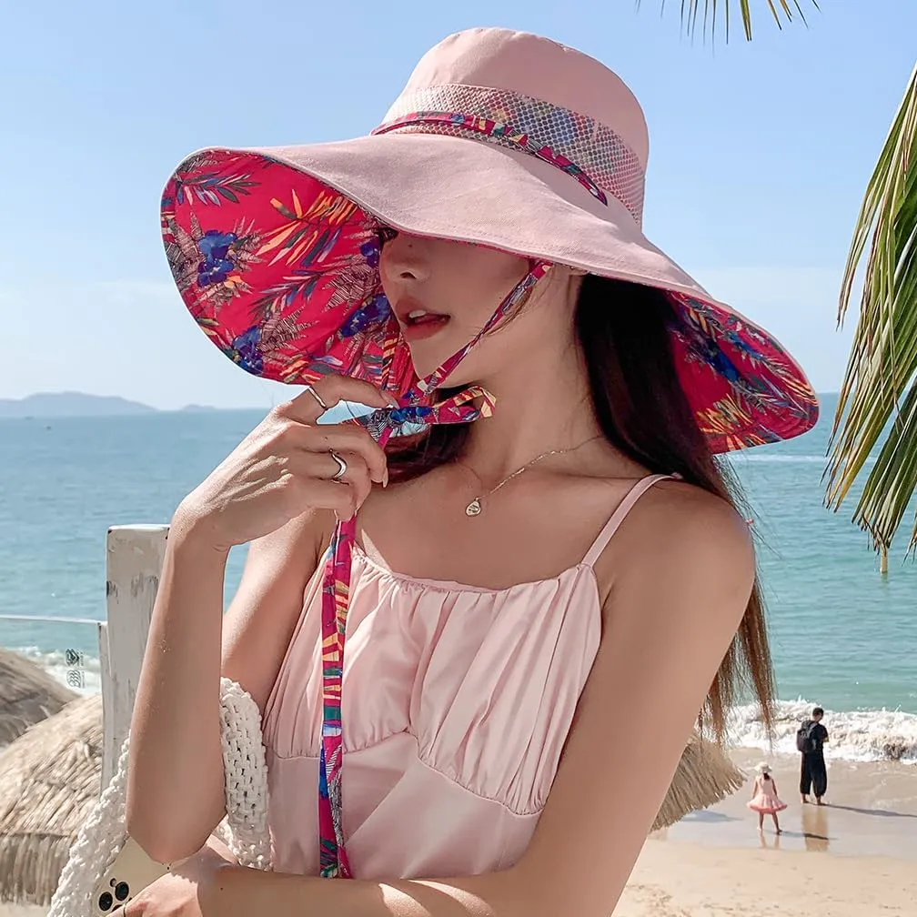 6" Extra Wide Brim Sun Hats UPF 50  UV Protection Packable Beach Hat Strap Women