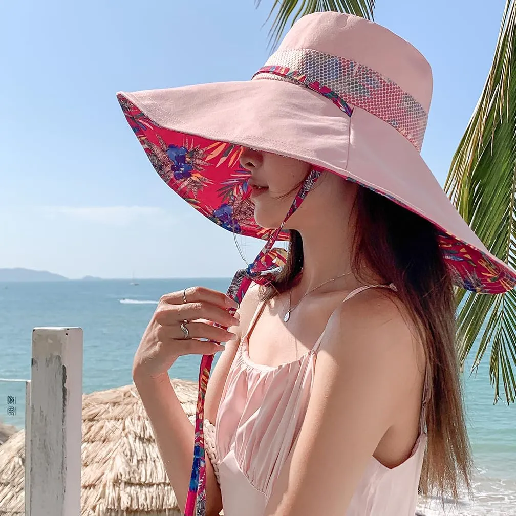 6" Extra Wide Brim Sun Hats UPF 50  UV Protection Packable Beach Hat Strap Women