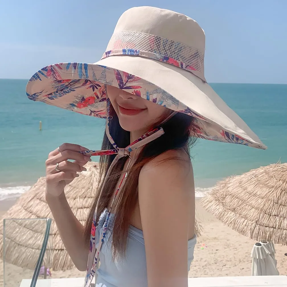 6" Extra Wide Brim Sun Hats UPF 50  UV Protection Packable Beach Hat Strap Women