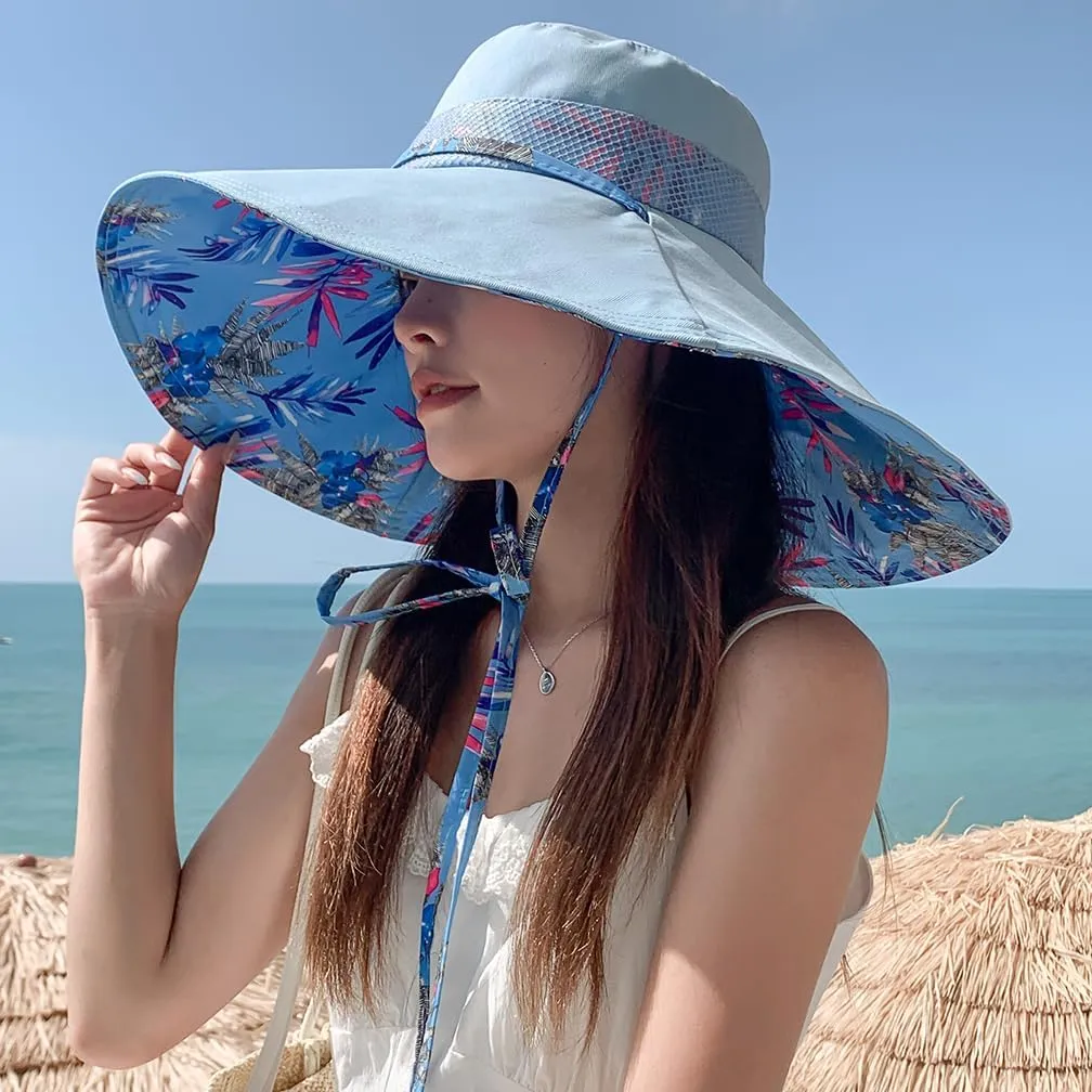 6" Extra Wide Brim Sun Hats UPF 50  UV Protection Packable Beach Hat Strap Women