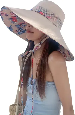 6" Extra Wide Brim Sun Hats UPF 50  UV Protection Packable Beach Hat Strap Women
