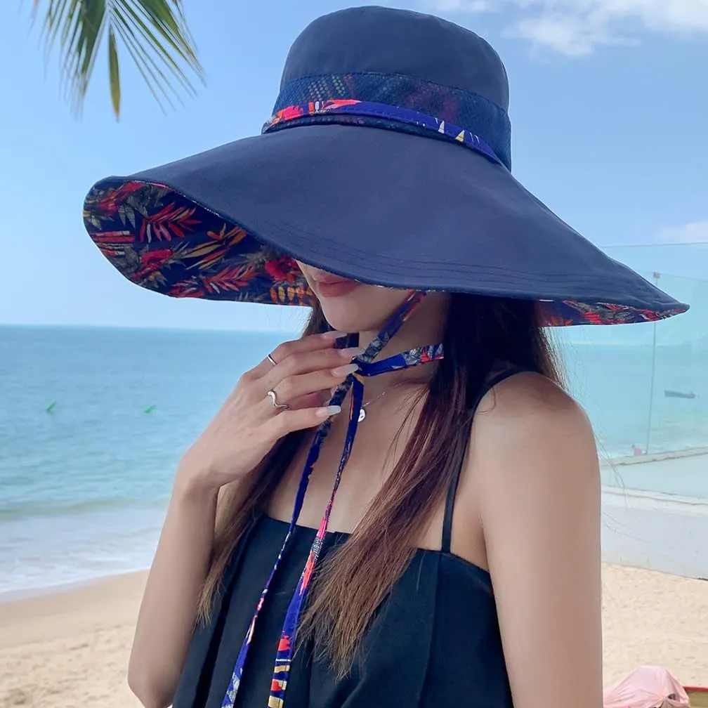 6" Extra Wide Brim Sun Hats UPF 50  UV Protection Packable Beach Hat Strap Women