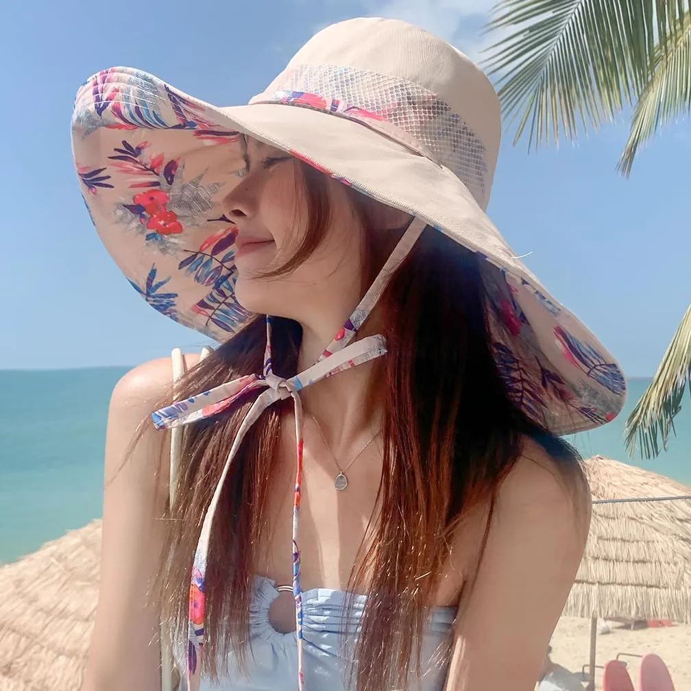 6" Extra Wide Brim Sun Hats UPF 50  UV Protection Packable Beach Hat Strap Women