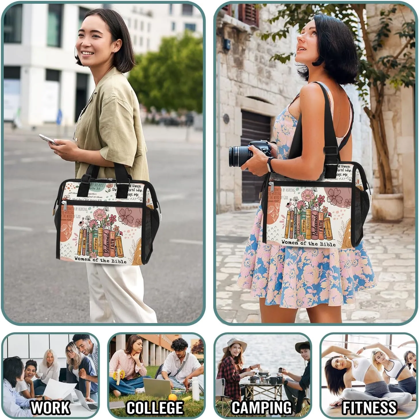 84hoods Insulated Lunch Bag for Women. Christian Faith Religous Gift. Large Lunch Box with Adjustable Strap for Work, Office, Travel, Picnic. Women of Bible.