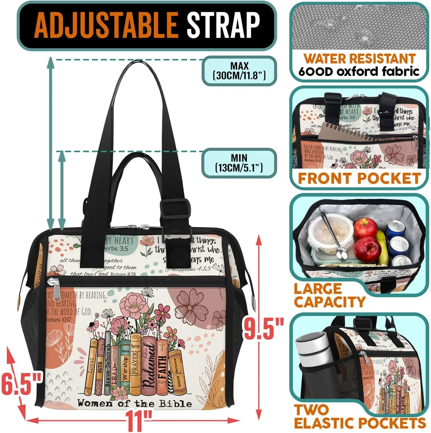 84hoods Insulated Lunch Bag for Women. Christian Faith Religous Gift. Large Lunch Box with Adjustable Strap for Work, Office, Travel, Picnic. Women of Bible.