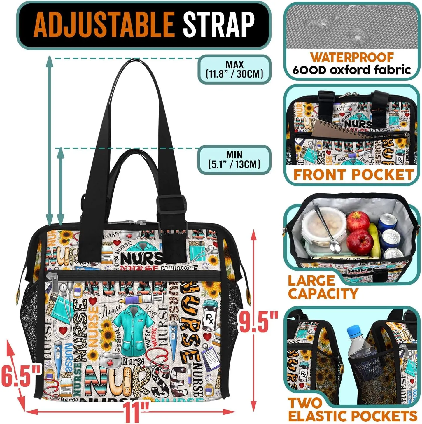 84hoods Large Lunch Bag for Women. Insulated Lunch Box for Work Office Travel Picnic with Adjustable Strap. Gift for Nurse. Sunflower Typography.