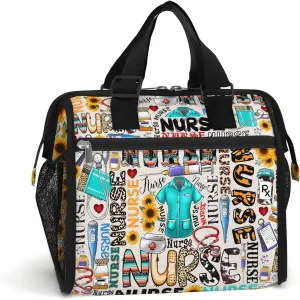 84hoods Large Lunch Bag for Women. Insulated Lunch Box for Work Office Travel Picnic with Adjustable Strap. Gift for Nurse. Sunflower Typography.
