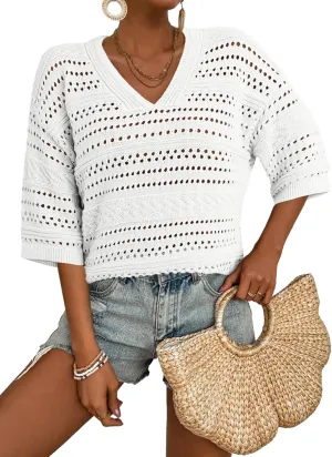 Acelitt Womens Short Sleeve Crochet Knit Sweater Hollow Out Striped Tops Beach Vacation Cruise Outfits