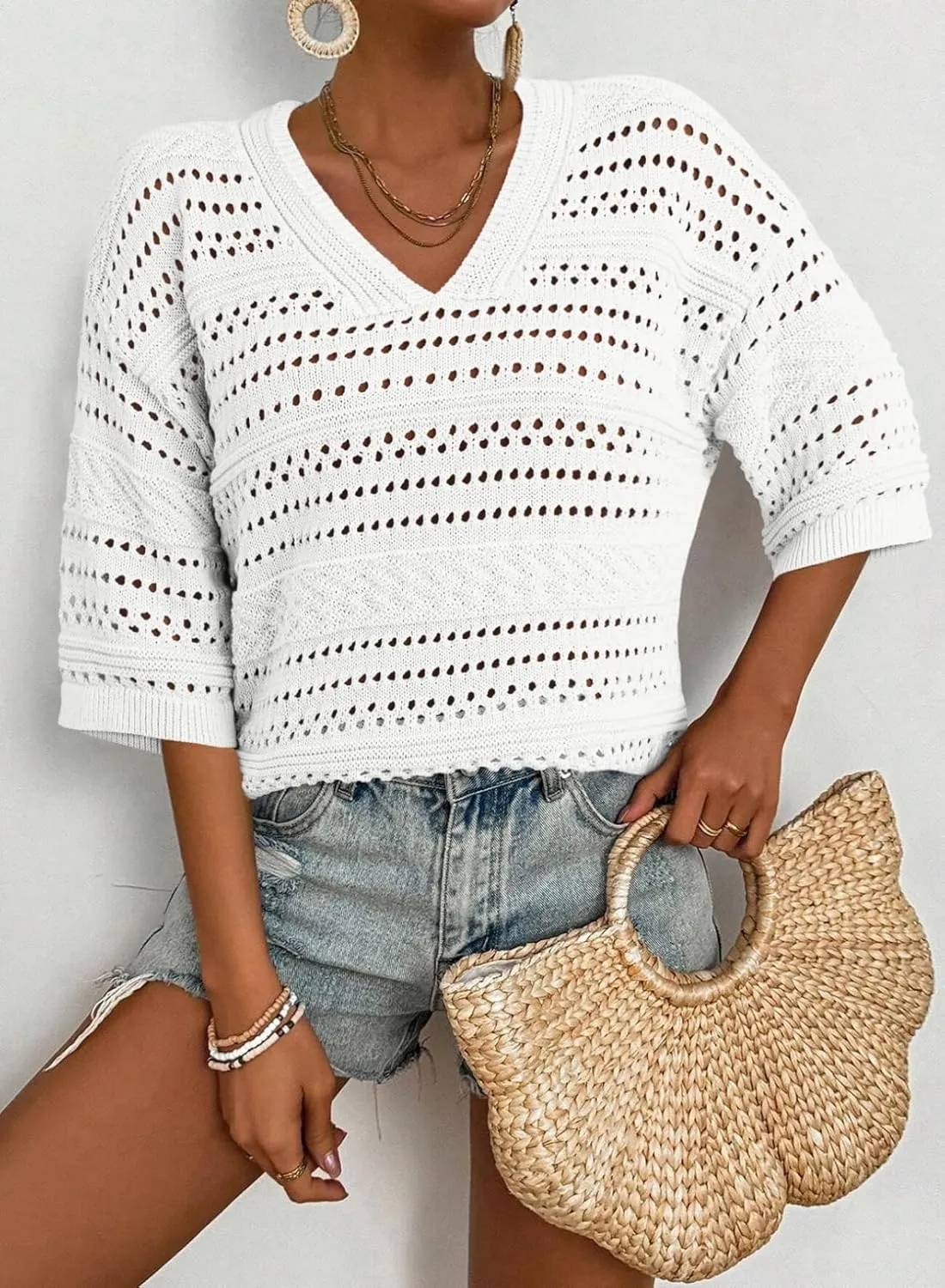 Acelitt Womens Short Sleeve Crochet Knit Sweater Hollow Out Striped Tops Beach Vacation Cruise Outfits